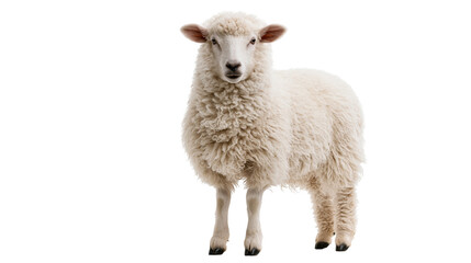 Fototapeta premium Fluffy white lamb standing and looking forward