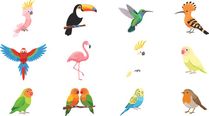 Fototapeta premium Colorful tropical exotic and domestic birds collection featuring parrots flamingo toucan hummingbird and budgerigar cartoon illustrations set