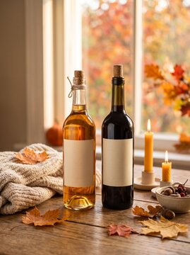 Clear cider and dark wine bottles with blank labels on wooden table, autumn leaves, candles and knitted sweater by window