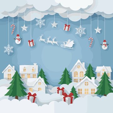 Christmas paper cut vector background with town and santa sleigh