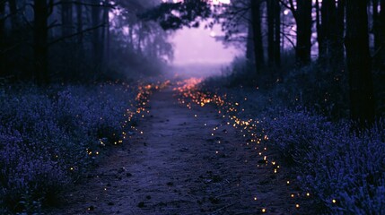 Obraz premium The Enchanted Path Through a Lavender Forest of Floating Lights