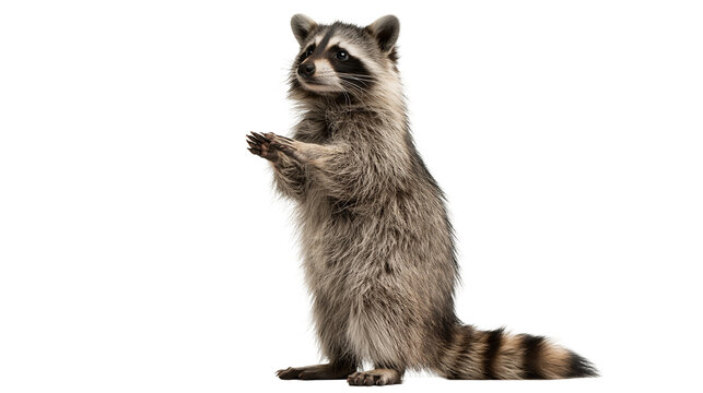 Standing raccoon with grey and black fur and ringed tail
