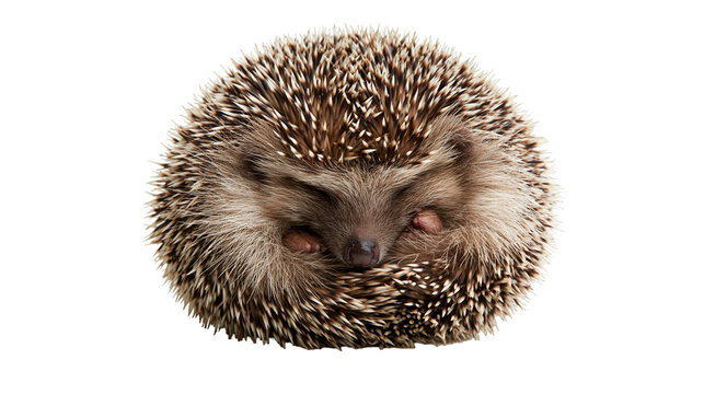 Small curled up hedgehog with brown and white sharp quills