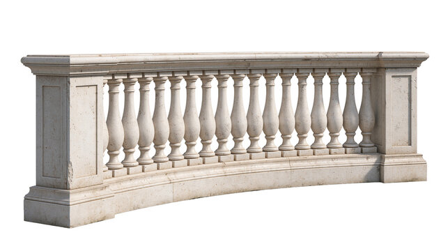 Curved beige stone balustrade with classic balusters and rectangular end pillars