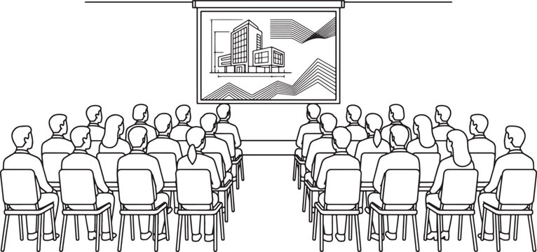 Audience attending a corporate presentation with architectural projection screen in a minimalist black and white line art style