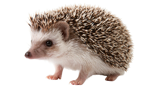 Small African pygmy hedgehog with brown and white spiky quills standing sideways