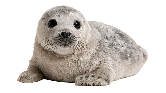 Fluffy grey baby harp seal pup with large black eyes and whiskers