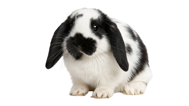 Black and white Holland Lop rabbit with floppy ears sitting