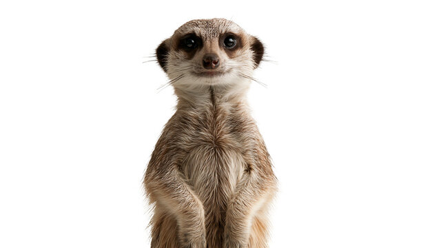 Alert standing meerkat with brown fur and large dark eyes looking forward