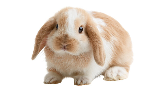 Fluffy brown and white Holland Lop rabbit sitting