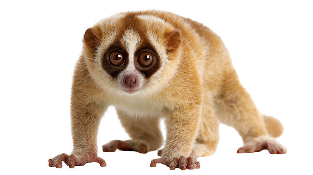 Small slow loris with large dark eyes and soft golden brown fur