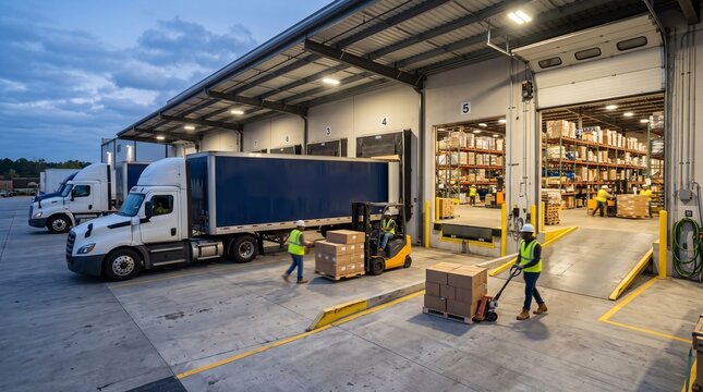 Professional logistics team managing cargo shipment and warehouse operations with trucks and forklifts at a distribution hub