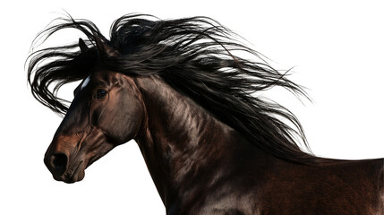 Majestic dark brown horse with flowing black mane in profile view © Natalia