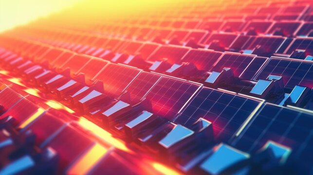 Solar Panels Array Capturing Warm Sunlight Energy.