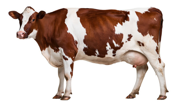 Brown and white spotted dairy cow standing in profile