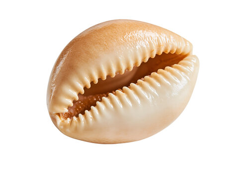 Smooth, cream-colored cowrie shell with ridged edges.