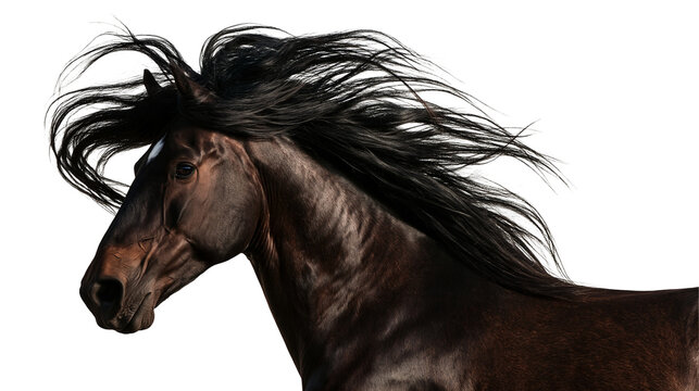 Majestic dark brown horse with flowing black mane in profile view