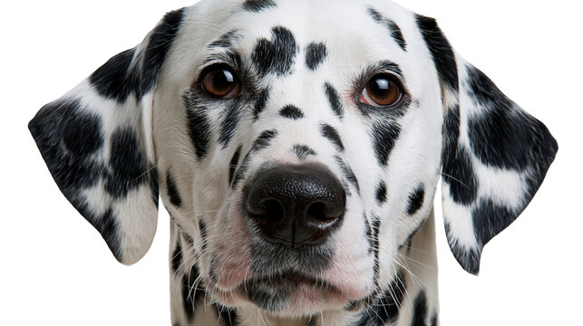 Close up portrait of a spotted Dalmatian dog face with brown eyes