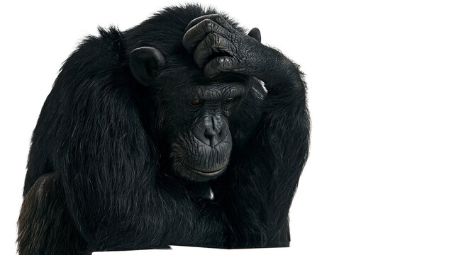 Pensive chimpanzee with hand on forehead looking down with thoughtful expression