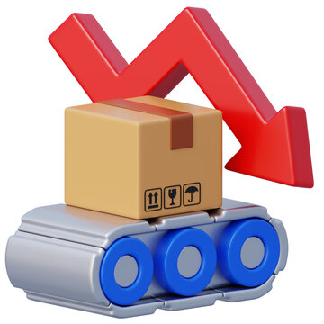 3d cardboard box on conveyor belt with red downward arrow for logistics decline delivery management