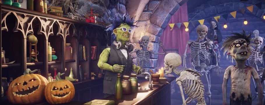 Funny scarecrow with pumpkin head, spooky skeletons and zombies dancing at Halloween party in a gothic dungeon pub, 3D animation