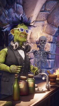 Funny scarecrow with pumpkin head, spooky skeletons and zombies dancing at Halloween party in a gothic dungeon pub, 3D animation