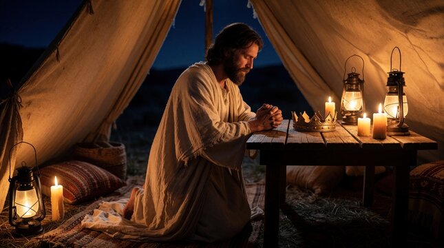Biblical king David kneels in prayer inside tent at night. Man in ancient robe prays near crown on wooden table. Warm candlelight illuminates solo man seeking God through repentance, humble worship