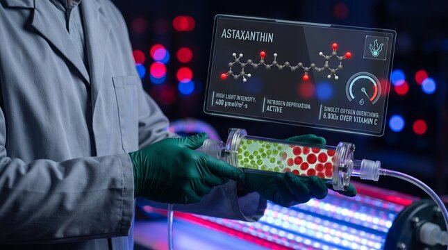 Scientist holding bioreactor tube with astaxanthin producing microalgae and futuristic holographic chemical formula display in modern laboratory