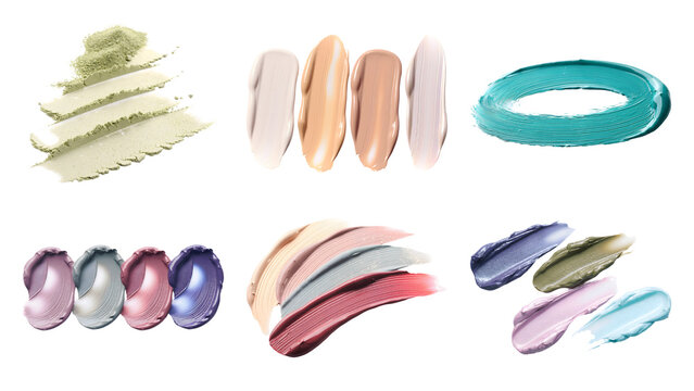 Makeup product strokes and powder swatches set isolated on transparent background for cosmetic design beauty graphics and skin care concept art with colorful cream textures and liquid pigment