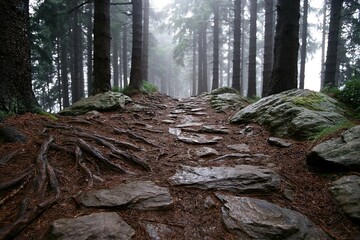 Obraz premium The Rocky Forest Trail Through Mossy Roots and Foggy Pines