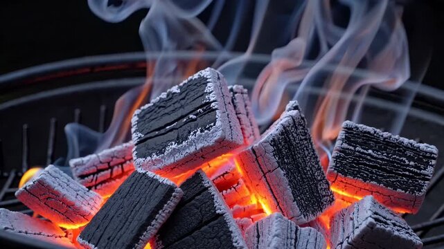 Glowing charcoal embers burn in outdoor fire pit. White smoke and orange flames rise from black briquettes. Close-up barbecue heat creates cozy evening mood. Fire suits camping and cooking content.