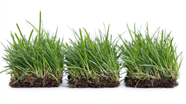 Three horizontal strips of freshly cut green grass with visible roots and soil on white background