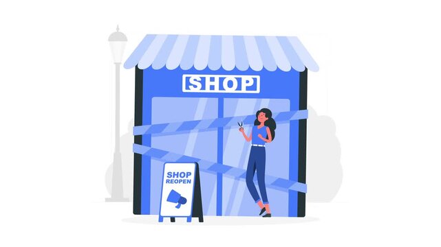 Shop reopening with woman and aboard sign. Business and retail concept for store marketing, grand opening, and business presentations