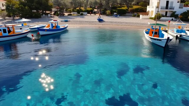 Boats bobbing gently in clear turquoise water near a sun-drenched Mediterranean village