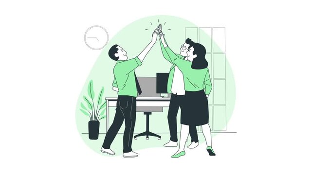 Three people giving high fives in office. Business and teamwork concept for corporate marketing, celebration presentations, and collaboration visuals