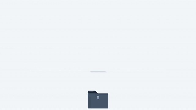 Premium 2D flat design motion graphics of an automated business workflow. A master corporate folder opens to eject an official document, which receives a heavy mechanical approval stamp before dispatc