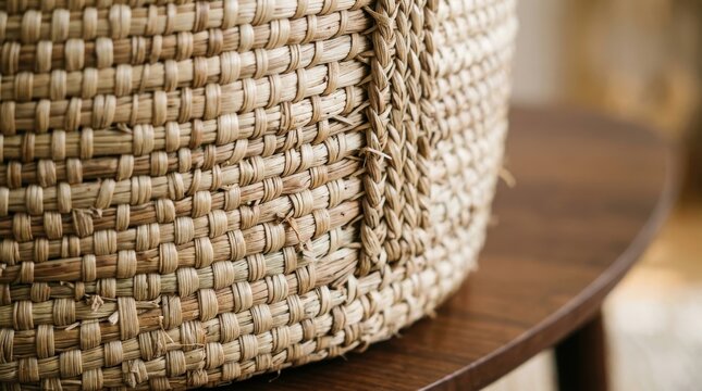 Close-up of woven basket on wooden table with natural texture