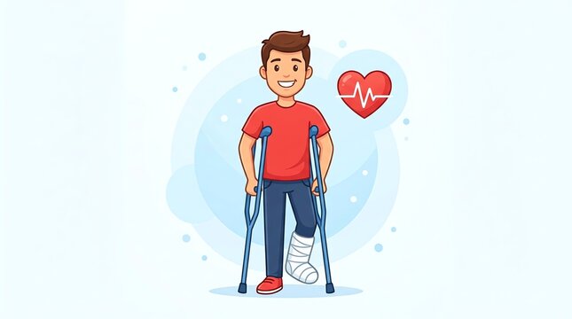 Young man with a broken leg in a cast using crutches