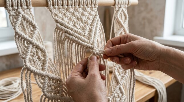 Hands weaving intricate macrame patterns with natural fiber rope on a wooden dowel