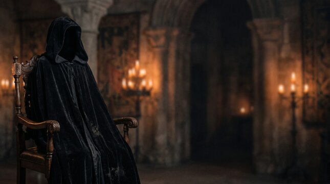 Faceless mysterious figure wearing dark hooded cloak sitting on antique wooden chair inside medieval castle hall