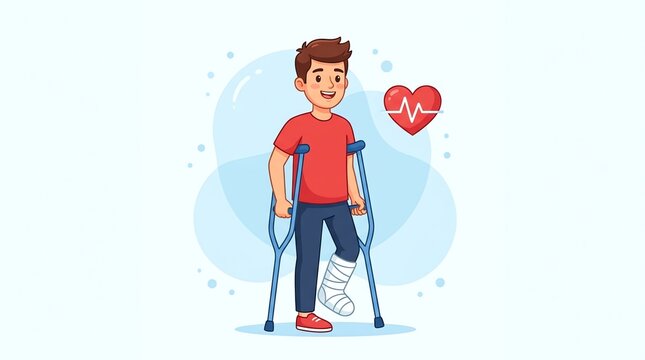 Young man with leg injury using crutches for support