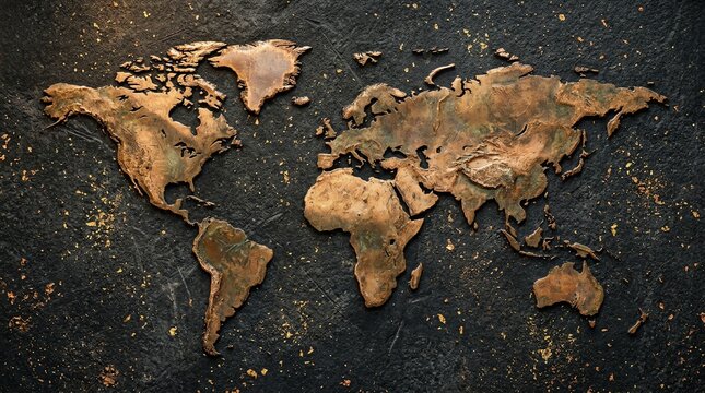 Rustic Bronze World Map on Dark Textured Background