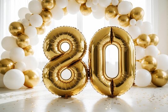 Large gold foil number 80 balloons stand on white floor. Elegant white, gold balloon arch decorates bright room. Shiny metallic numbers celebrate eightieth birthday anniversary party. Festive luxury