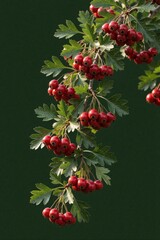 Obraz premium Red hawthorn berries grow on green leaves branch. Crataegus monogyna fruit clusters hang from bush in nature. Wild berry plant with small red fruit in summer forest. Close up of hawthorn branch