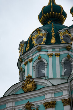 Ornate Domes and Baroque Architecture Details of Saint Andrew Church in Kyiv Ukraine