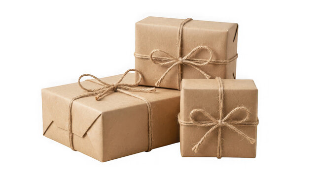 Three gift boxes wrapped in brown craft paper with twine bows isolated on transparent background