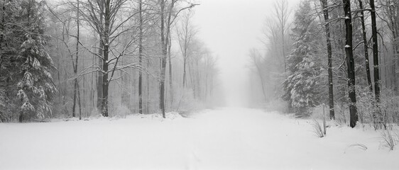Obraz premium Snow-covered forest path disappearing into dense fog between bare trees