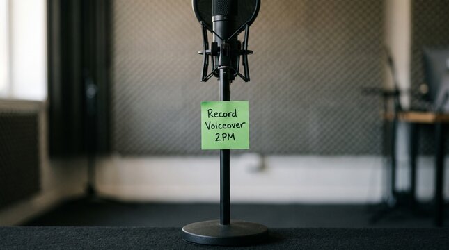Microphone on stand with studio foam and sticky note