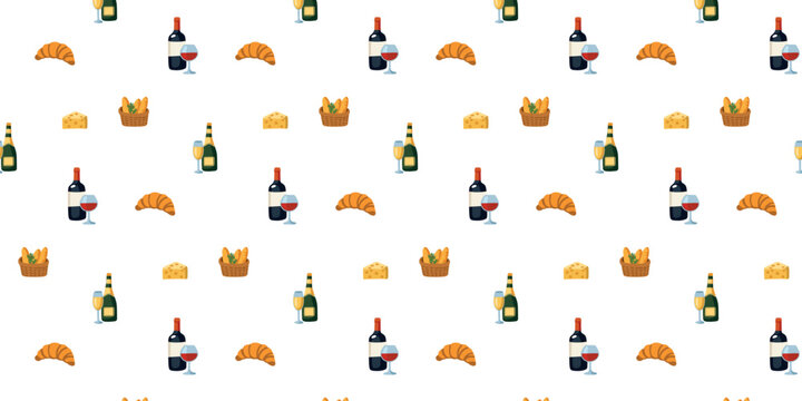 Seamless pattern with French gastronomy: wine, croissants, pastries and cheese