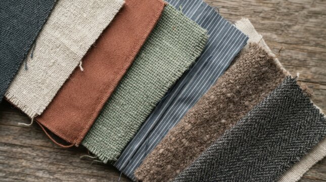 Assorted fabric swatches in various textures and colors on wood